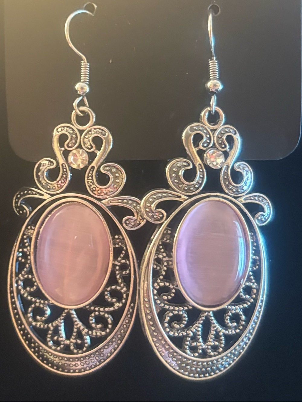 Silver Filigree Earrings with Pink Stone